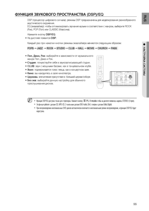 Page 55
55
RUS

●  НАСТРОйКА СИСТЕМЫ

ФуНКцИя зВуКОВОгО ПРОСТРАНСТВА (DSP)/EQ
DSP (процессор цифрового сигнала): режимы DSP предназначены для моделирования разнообразного 
акустического окружения. 
EQ (эквалайзер): чтобы оптимизировать звучание музыки в соответствии с жанром, выберите ROCK 
(Рок), POP (Поп) или CLASSIC (Классика).
Нажмите кнопку DSP/EQ.
На дисплее появится DSP.
Каждый раз при нажатии кнопки режимы эквалайзера меняются следующим образом:
POPS ➞ JAZZ  ➞ ROCK ➞ STUDIO ➞ CLUB ➞ HALL ➞ MOVIE ➞...