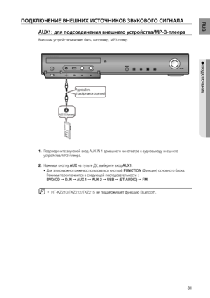 Page 311
RUS
● ПОдКЛюЧЕНИЕ
ПОдКЛюЧЕНИЕ ВНЕшНИХ ИСТОЧНИКОВ зВуКОВОгО СИгНАЛА
AUX1: для подсоединения внешнего устройства/МР-3-плеера
Внешним устройством может быть, например, МР3-плеер
AUX IN 1
Аудиокабель 
(приобретается отдельно)
AUDIO OUT (Аудиовыход)
     Подсоедините звуковой вход AUX IN 1 домашнего кинотеатра к аудиовыходу внешнего устройства/МР3-плеера.
Нажимая кнопку  AUX на пульте ДУ, выберите вход  AUX1.
Для этого можно также воспользоваться кнопкой  FUNCTION (Функции) основного блока. 
Режимы...