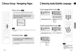 Page 18GB
Some DVD-Audio discs have an extra ‘bonus’group that requires a 4-digit key
number to access. See the disc packaging for details and the-key number.
Bonus Group
When you play a DVD-Audio disc that has a
bonus group, the key number input screen
appears automatically.
•You can select the desired image from a DVD-Audio disc containing still images.
•With some discs, you may not be able to select images depending on how the
disc was manufactured.
•If you eject the disc, switch the power off, or unplug the...