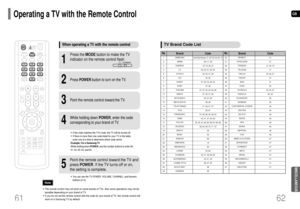 Page 32GBOperating a TV with the Remote Control
•The remote control may not work on some brands of TVs. Also some operations may not be
possible depending on your brand of TV.
•If you do not set the remote control with the code for your brand of TV, the remote control will
work on a Samsung TV by default.
When operating a TV with the remote control
1
Press the MODEbutton to make the TV
indicator on the remote control flash.
2Press POWERbutton to turn on the TV.
3Point the remote control toward the TV.
4
While...