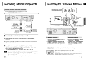 Page 9GB
16 15
CONNECTIONS
Connecting External Components
External Digital
Component
•If you have connected an external digital component and an Analog component to Video In (1, 2) at
the same time, there will be video from AUX 1 even when you select DIGITAL IN.
•If you have connected Audio In (L, R) to 1, connect Video In to 1. If you have connected Audio In (L,
R) to 2, connect Video In to 2.
•When you select Aux 1 or 2, you are selecting Video 1 or 2 inputs respectively.External Analog
Component
Note...