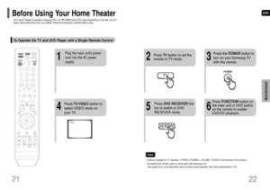 Page 1221
ENG
22
OPERATION
Your Home Theater is capable of playing DVD, CD, MP3/WMA and JPEG discs.Depending on the disc you are
using, these instructions may vary slightly. Read the instructions carefully before using.Before Using Your Home TheaterTo Operate the TV and DVD Player with a Single Remote Control
23
Press TVbutton to set the
remote to TV mode.Press the POWER button to
turn on your Samsung TV
with this remote.
56
Press DVD RECEIVERbut-
ton to switch to DVD
RECEIVER mode.Press FUNCTIONbutton on
the...