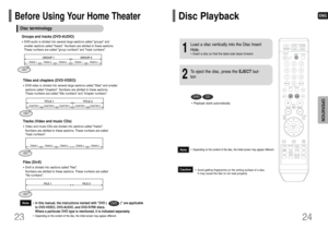 Page 13ENG
24
OPERATION
23Disc Playback
1
Load a disc vertically into the Disc Insert
Hole.•Insert a disc so that the label side faces forward.DVD
CD
•Playback starts automatically.
2
To eject the disc, press the EJECT but-
ton  
•In this manual, the instructions marked with DVD (               ) are applicable
to DVD-VIDEO, DVD-AUDIO, and DVD-R/RW discs.
Where a particular DVD type is mentioned, it is indicated separately.•Depending on the content of the disc, the initial screen may appear different.
DVD...