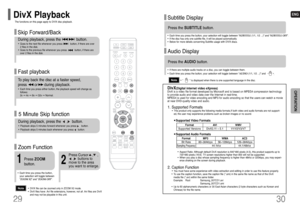 Page 16ENG
Fast playback
30
Skip Forward/BackDuring playback, press the              button.•Goes to the next file whenever you press           button, if there are over 
2 files in the disk. •Goes to the previous file whenever you press           button, if there are
over 2 files in the disk. To play back the disc at a faster speed, 
press       or      during playback.•Each time you press either button, the playback speed will change as
follows: 
2x ➞4x ➞8x ➞32x ➞Normal.
29
OPERATION
•DIVX file can be zoomed...