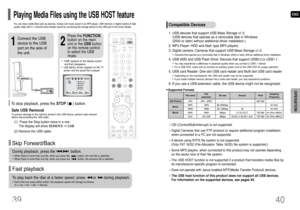 Page 212
Press the FUNCTION
button on the main
unit or the USBbutton
on the remote control
to select the USB
mode.
•“USB” appears on the display screen
and then disappears.•USB MENUscreen appears on the TV
screen and the saved file is played.
1
Connect the USB
device to the USB
port on the side of
the unit.
To stop playback, press the STOP(    ) button. 
40 39
Fast playback Skip Forward/BackDuring playback, press the              button.•When there is more than one file, when you press the           button, the...