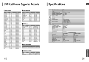 Page 34ENG
66
MISCELLANEOUS
65USB Host Feature Supported ProductsFinepix-A340 Fuji Digital Camera
Finepix-F810 Fuji Digital Camera
Finepix-F610 Fuji Digital Camera
Finepix-f450 Fuji Digital Camera
Finepix S7000 Fuji Digital Camera
Finepix A310 Fuji Digital  Camera
KD-310Z Konica Digital Camera
Finecam SL300R Kyocera Digital Camera
Finecam SL400R Kyocera Digital Camera
Finecam S5R Kyocera Digital Camera
Finecam Xt Kyocera Digital Camera
Dimage-Z1 Minolta Digital Camera
Dimage Z1 Minolta Digital Camera
Dimage X21...