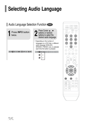 Page 3635
•Depending on the number of
languages on a DVD disc, a different
audio language (ENGLISH,
SPANISH, FRENCH, etc.) is selected
each time the button is pressed. 
2
Press Cursor      ,
buttons or numeric
buttons to select the
desired audio language.
1
Press INFObutton
twice.
SP 2/3
FR 3/3
Audio Language Selection FunctionDVD
Selecting Audio Language
HT-Q20(1~40P) GB  3/1/06 2:41 PM  Page 38
 