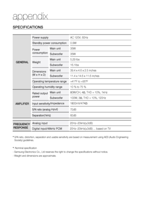 Page 18
1

S PE ci F ic AT i O n S
GEn ERA l Power 	 supply
AC 120V, 60Hz 
Standby
	
power
	
consumption
0.9W
Power
	
consumption Main 	 unit
35W
Subwoofer35W
Weight
Main 	 unit5.29 Ibs
Subwoofer16.1Ibs
Dimensions
	
(W
	
x
	
H
	
x
	
D) Main
	
unit
39.4 x 4.6 x 2.5 inches
Subwoofer11.4 x 14.6 x 11.6 inches
Operating
	
temperature
	
range
+41°F to +95°F
Operating
	
humidity
	
range
10 % to 75 %
AMP li F i ER
Rated	 output 	
power Main 	 unit
80W/CH, 4Ω, THD = 10%, 1kHz
Subwoofer100W, 3Ω, THD = 10%, 120Hz...