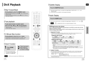 Page 1426 25
ENG
Fast playback Skip Forward/BackDuring playback, press the              button.•Goes to the next file whenever you press           button, if there are over 
2 files in the disk. •Goes to the previous file whenever you press           button, if there are
over 2 files in the disk. To play back the disc at a faster speed, 
press and hold         or         during playback.•Each time you press and hold either button, the playback speed will
change as follows: 
2x 4x 8x 32x Normal.
OPERATION...