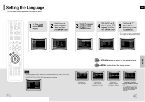 Page 21GB
40
OSD (On-Screen Display) language is set to English by default.Setting the Language39
2
1
In Stop mode,
press MENU
button.
Press Cursor
button to move to
‘Setup’ and then
press ENTERbutton.
4
•Once the setup is complete, if the language was
set to English, OSD will be displayed in English.
3
Select ‘Language’
and then press
ENTERbutton
5
Press Cursor      ,
button to select ‘OSD
Language’ and then
press ENTERbutton.
Press Cursor       ,
button to select the
desired language and then
press...