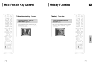 Page 37GB
• Each time the button is pressed, this selection alternates
between Male and Female.• Select Male when singing in male voice and select Female
when singing in female voice.During the playback, press the
FEMALE(MALE)button.
• Each time the button is pressed, the selection changes as
follows: OFF➝ MILD➝ STANDARD➝ STRONG.• Select Melody ON to hear to the melody during
accompaniment.During the playback, press the
MELODYbutton.
Male-Female Key Control
Melody Function
Male-Female Key Control
Melody...