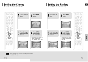 Page 38GB
2
1
Load a DVD-OK
discs.Press MENU
button.
3
• Each time the button is pressed,
the selection changes as follows:
ON➝ OFF.4
Press Cursor    ,
button to move to
‘Fanfare’.Press ENTER
button to select
the desired item.
2
1
Load a DVD-OK
discs.Press MENU
button.
3
• Each time the button is pressed, the
selection changes as follows: 
LOW➝ MIDDLE ➝ HIGH ➝ OFF.4
Press Cursor    ,
button to move to
‘Chorus’.Press ENTER
button to select
the desired item.
Note
• Chorus function may not work depending on...