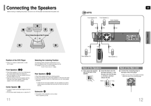 Page 7GB
SR
SL
C
L
SW
R
12
Rear Speakers•Place these speakers behind your listening position.•If there isnt enough room, place these speakers so they face each other.•Place them about 60 to 90cm (2 to 3feet) above your ear, facing slightly
downward.*Unlike the front and center speakers, the rear speakers are used to
handle mainly sound effects and sound will not come from them all
the time.
Subwoofer•The position of the subwoofer is not so critical. 
Place it anywhere you like.
Front Speakers  •Place these...