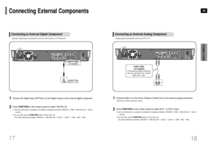 Page 10GB
18 17
CONNECTIONS
Press FUNCTIONon the remote control to select ‘DIGITAL IN’.•Each time the button is pressed, the selection changes as follows: DVD/CD ➝USB ➝DIGITAL IN ➝AUX 1
➝AUX 2.•You can also use the FUNCTIONbutton on the main unit.
The mode switches as follows: DVD/CD ➝DIGITAL IN ➝AUX 1 ➝AUX 2 ➝USB ➝FM ➝AM.Connect the Digital Input (OPTICAL) to the Digital Output on the external digital component.
1
2Example: Digital signal components such as a Set-Top Box or CD Recorder.Connecting an External...