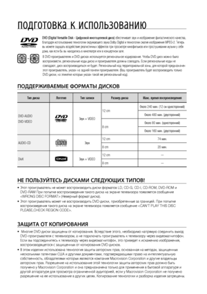 Page 10
10

подготовка к использованию

ПОддЕРжИВАЕМЫЕ ФОРМАТЫ дИСКОВ
Тип дискаЛоготипТип записиРазмер дискаМакс. время воспроизведения
DVD-AUDIO
DVD-VIDEOЗвук + VIDEO 
12 cmОколо 240 мин. (12 см односторонний)
Около 480 мин. (двусторонний)
8 cmОколо 80 мин. (односторонний)
Около 160 мин. (двусторонний)
AUDIO-CDCOMPACT
DIGITAL AUDIOЗвук12 cm74 мин.
8 cm20 мин.
DivXЗвук + VIDEO12 cm—
8 cm—
 
НЕ ПОЛЬзуйТЕСЬ дИСКАМИ СЛЕдующИХ ТИПОВ!
  Этот проигрыватель не может воспроизводить диски форматов LD, CD-G, CD-I,...