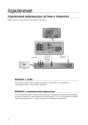 Page 22


подключение
ПОдКЛюЧЕНИЕ ВИдЕОВЫХОдА СИСТЕМЫ К ТЕЛЕВИзОРу
Выберите один из трех способов подключения к телевизору.
ВАРИАНТ 1: HDMI 
Присоедините кабель HDMI (не входит в комплект) к гнезду HDMI OUT в задней части 
проигрывателя DVD и гнезду HDMI IN телевизора.
ВАРИАНТ 2: компонентный видеосигнал
Если на телевизоре имеются компонентные видеовходы, подсоедините компонентный видеокабель 
(не входит в комплект) из гнезд компонентного видеовыхода (Pr, Pb и Y), расположенных на задней 
панели...