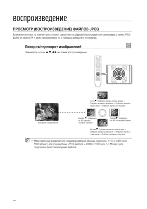 Page 32


воспроизведение

ПРОСМОТР (ВОСПРОИзВЕдЕНИЕ) ФАйЛОВ JPEG
Вы можете записать на компакт-диск снимки, сделанные на цифровой фотокамере или камкордере, а также JPEG-
файлы со своего ПК и затем просматривать их с помощью домашнего кинотеатра.
Поворот/переворот изображений G
Нажимайте кнопки ,,, во время воспроизведения.
Максимальные разрешения, поддерживаемые данным изделием, 5120 x 3480 (или 
19,0 Мпикс.) для стандартных JPEG-файлов и 2048 x 1536 (или 3,0 Мпикс.) для 
progressive...