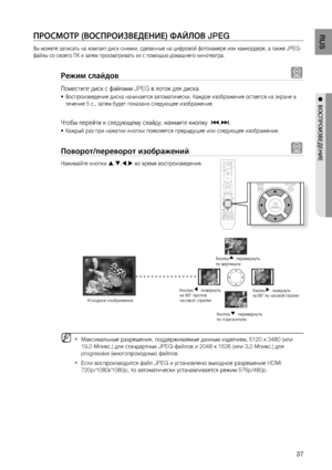Page 37
RUS
●  ВОСПРОИзВЕдЕНИЕ
ПРОСМОТР (ВОСПРОИзВЕдЕНИЕ) ФАйЛОВ JPEG
Вы можете записать на компакт-диск снимки, сделанные на цифровой фотокамере или камкордере, а также JPEG-
файлы со своего ПК и затем просматривать их с помощью домашнего кинотеатра.
Режим слайдов G
Поместите диск с файлами JPEG в лоток для диска.
Воспроизведение диска начинается автоматически. Каждое изображение остается на экране в 
течение 5 с., затем будет показано следующее изображение.
Чтобы перейти к следующему слайду, нажмите...