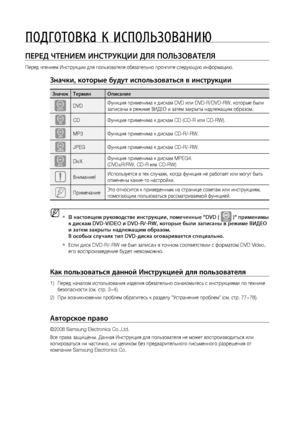 Page 8подготовка к использованию

ПЕРЕд ЧТЕНИЕМ ИНСТРуКцИИ дЛя ПОЛЬзОВАТЕЛя
Перед чтением Инструкции для пользователя обязательно прочтите следующую информацию.
значки, которые будут использоваться в инструкции
значокТермин Описание
dDVD Функция применима к дискам DVD или DVD-R/DVD-RW, которые были 
записаны в режиме ВИДЕО и затем закрыты надлежащим образом.
BCD
Функция применима к дискам CD (CD-R или CD-RW).
AMP3 Функция применима к дискам CD-R/-RW.
GJPEG Функция применима к дискам CD-R/-RW.
DDivXФункция...