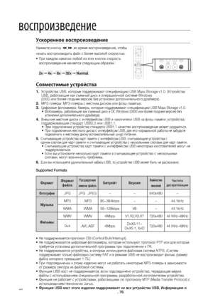 Page 46
воспроизведение
4
ускоренное воспроизведение 
Нажмите кнопку (,) во время воспроизведения, чтобы
начать воспроизводить файл с более высокой скоростью.
При каждом нажатии любой из этих кнопок скорость 
воспроизведения меняется следующим образом : 
2x ➞ 4x ➞ 8x ➞ 32x ➞ Normal.
Совместимые устройства 
Устройства USB, которые поддерживают спецификацию USB Mass Storage v1.0. (Устройства USB, работающие как съемный диск в операционной системе Windows (2000 или более поздняя версия) без установки...