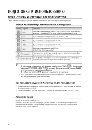 Page 8
подготовка к использованию


ПЕРЕд ЧТЕНИЕМ ИНСТРуКцИИ дЛя ПОЛЬзОВАТЕЛя
Перед чтением Инструкции для пользователя обязательно прочтите следующую информацию.
значки, которые будут использоваться в инструкции
значокТерминОписание
dDVDФункция применима к дискам DVD или DVD-R/DVD-RW, которые были 
записаны в режиме ВИДЕО и затем закрыты надлежащим образом.
BCDФункция применима к дискам CD (CD-R или CD-RW).
AMP3Функция применима к дискам CD-R/-RW.
GJPEGФункция применима к дискам CD-R/-RW.
DDivXФункция...