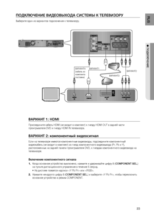 Page 23

RUS

● ПОдКЛюЧЕНИЕ

ПОдКЛюЧЕНИЕ ВИдЕОВЫХОдА СИСТЕМЫ К ТЕЛЕВИзОРу
Выберите один из вариантов подключения к телевизору.
AUX IN 2
AUX IN 2
ВАРИАНТ4(кабель из  комплекта  поставки)
ВАРИАНТ1ВАРИАНТ2
ВАРИАНТ3
 
 
ВАРИАНТ 1: HDMI 
Присоедините кабель HDMI (не входит в комплект) к гнезду HDMI OUT в задней части 
проигрывателя DVD и гнезду HDMI IN телевизора.
ВАРИАНТ 2: компонентный видеосигнал
Если на телевизоре имеются компонентные видеовходы, подсоедините компонентный 
видеокабель (не входит в...