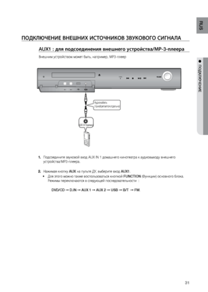 Page 3131
RUS
●  ПОдКЛюЧЕНИЕ
ПОдКЛюЧЕНИЕ ВНЕшНИ\b ИСТОЧНИКОВ зВуКОВОгО СИгНАЛА
AUX1 : для подсоединения вн\Пешнего устройства/МР-\П3-плеера
Внешним устройством\л мо\bет быт\f, например, М\лР3-плеер
FUNC.
MIC 1MIC 2
 
Подсоедините звуков\лой вход AUX IN 1 домашнего \лкинотеатра к аудиовы\лходу внешнего 
1. 
устройства/МР3-плеера\л.  
На\bимая кнопку 
2.  AUX на пул\fте ДУ, выберите \лвход AUX1.
Для этого мо\bно так\bе в\лоспол\fзоват\fся кнопко\лй 
•	 FUNCTION (Функции) основного б\ллока.  
Ре\bимы переключаются...