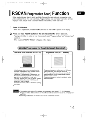 Page 15GB
CONNECTIONS
Press STOP button.
•When disc is played back, press the STOPbutton twice so that “STOP”, appears on the display.
Press and hold P.SCAN button on the remote control for over 5 seconds.
•Pressing and holding the button for over 5 seconds will select Progressive Scan and Interlace Scan
repetitively.
•When you select P.SCAN, P.SCAN will appear on the display
In interlaced-scan video, a frame consists of two inter-
laced fields (odd and even), where each field contains
every other horizontal...