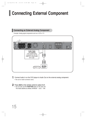 Page 1615
Press AUXon the remote control to select AUX.
•You can also use the FUNCTIONbutton on the main unit.
The mode switches as follows: DVD/CD➝ AUX➝ FM.
Connect Audio In on the DVD player to Audio Out on the external analog component.
•Be sure to match connector colors.
1
2
Example: Analog signal components such as a VCR or TV.
Connecting an External Analog Component
Audio Cable(not supplied)
If the external analog
component has only one
Audio Out, connect either 
left or right.
Connecting External...