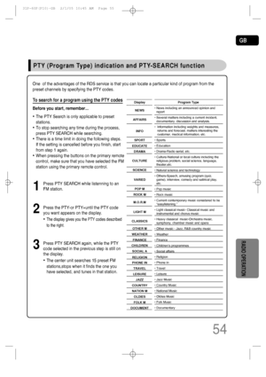 Page 55GB
54
PTY (Program Type) indication and PTY-SEARCH function
To search for a program using the PTY codes
Before you start, remember...
• The PTY Search is only applicable to preset
stations.
• To stop searching any time during the process,
press PTY SEARCH while searching.
• There is a time limit in doing the following steps. 
If the setting is cancelled before you finish, start
from step 1 again.
• When pressing the buttons on the primary remote
control, make sure that you have selected the FM
station...