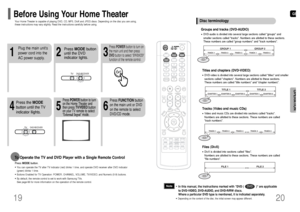 Page 11GB
•You can operate the TV after TV indicator (red) blinks 1 time, and operate DVD receiver after DVD indicator
(green) blinks 1 time. •Buttons Enabled for TV Operation: POWER, CHANNEL, VOLUME, TV/VIDEO, and Numeric (0-9) buttons.•By default, the remote control is set to work with Samsung TVs. 
See page 66 for more information on the operation of the remote control.Press MODEbutton.To Operate the TV and DVD Player with a Single Remote Control19
23
Press MODEbutton
until the DVD
indicator lights.
TV
DVD...