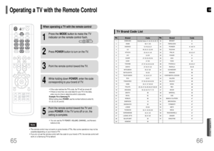 Page 34GB
Operating a TV with the Remote Control
•The remote control may not work on some brands of TVs. Also some operations may not be
possible depending on your brand of TV.•If you do not set the remote control with the code for your brand of TV, the remote control will
work on a Samsung TV by default.
When operating a TV with the remote control1
Press the MODEbutton to make the TV
indicator on the remote control flash.
2
Press POWERbutton to turn on the TV.
3
Point the remote control toward the TV.
4
While...