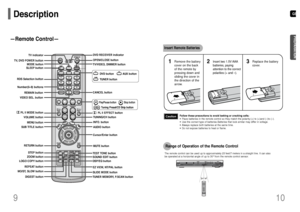 Page 6GB
10
Insert Remote Batteries
USB
The remote control can be used up to approximately 23 feet/7 meters in a straight line. It can also
be operated at a horizontal angle of up to 30° from the remote control sensor.Range of Operation of the Remote Control 
9
Caution
PREPARATION
Description
Remove the battery
cover on the back
of the remote by
pressing down and
sliding the cover in
the direction of the
arrow.
1
Insert two 1.5V AAA
batteries, paying
attention to the correct
polarities (+ and –).
2
Replace the...