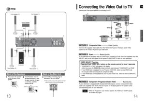 Page 8GB
13
METHOD 2   
Scart ...............
Better Quality
If you television is equipped with an SCART input, connect an Scart Jack (not supplied) from the
AV OUT jack on the back panel of the system to the SCART IN jack on your television.METHOD 1   
Composite Video ...............
Good Quality
Connect the supplied video cable from the VIDEO OUT jack on the back panel of the
system to the VIDEO IN jack on your television.METHOD 3   
Component (Progressive Scan) Video ...............
Best Quality
If your...