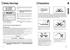 Page 2GB
12Safety Warnings Precautions
Ensure that the AC power supply in your house complies with the identification sticker located on the back of your player. Install your
player horizontally, on a suitable base (furniture), with enough space around it for ventilation (3~4inches). Make sure the ventilation
slots are not covered. Do not stack anything on top of the player. Do not place the player on amplifiers or other equipment which may
become hot. Before moving the player, ensure the disc tray is empty....