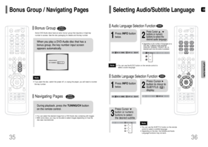 Page 19GB
36 35
OPERATION
Some DVD-Audio discs have an extra ‘bonus’ group that requires a 4-digit key
number to access. See the disc packaging for details and the-key number.Bonus GroupWhen you play a DVD-Audio disc that has a
bonus group, the key number input screen
appears automatically. •You can select the desired image from a DVD-Audio disc containing still images.•With some discs, you may not be able to select images depending on how the
disc was manufactured.
•If you eject the disc, switch the power off,...