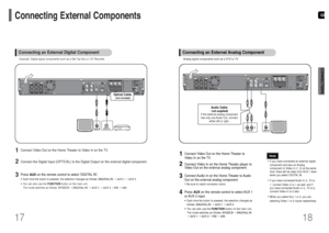 Page 10GBCONNECTIONS
Press AUXon the remote control to select ‘DIGITAL IN’.•Each time the button is pressed, the selection changes as follows: DIGITAL IN ➝AUX 1 ➝AUX 2.•You can also use the FUNCTIONbutton on the main unit.
The mode switches as follows: DVD/CD ➝DIGITAL IN ➝AUX 1 ➝AUX 2 ➝FM ➝AM.Connect Video Out on the Home Theater to Video In on the TV.
1
Connect the Digital Input (OPTICAL) to the Digital Output on the external digital component.
2
3Example: Digital signal components such as a Set-Top Box or CD...