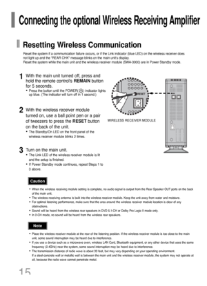 Page 1615
WIRELESS RECEIVER MODULE
•When the wireless receiving module setting is complete, no audio signal is output from the Rear Speaker OUT ports on the back
of the main unit.
•The wireless receiving antenna is built into the wireless receiver module. Keep the unit away from water and moisture.
•For optimal listening performance, make sure that the area around the wireless receiver module location is clear of any
obstructions.
•Sound will be heard from the wireless rear speakers in DVD 5.1-CH or Dolby Pro...