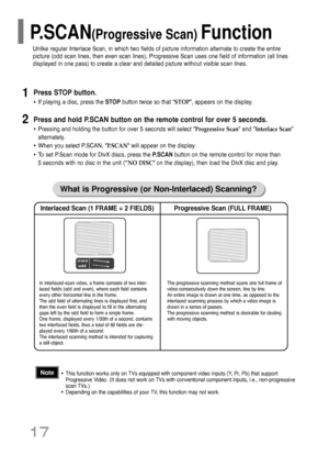 Page 1817
Press STOP button.
•If playing a disc, press the STOPbutton twice so that “STOP”, appears on the display.
Press and hold P.SCAN button on the remote control for over 5 seconds.
•Pressing and holding the button for over 5 seconds will select Progressive Scan and Interlace Scan
alternately.
•When you select P.SCAN, P.SCAN will appear on the display.
•To set P.Scan mode for DivX discs, press the P.SCANbutton on the remote control for more than 
5 seconds with no disc in the unit (“NO DISC on the...