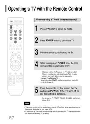 Page 68Operating a TV with the Remote Control
•The remote control may not work on some brands of TVs. Also, some operations may not
be possible depending on your brand of TV.
•If you do not set the remote control with the code for your brand of TV, the remote control
will work on a Samsung TV by default.
When operating a TV with the remote control
1Press TVbutton to select TV mode.
2Press POWERbutton to turn on the TV.
3Point the remote control toward the TV.
4
While holding down POWER, enter the code...