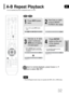 Page 33GB
32
•The A-B Repeat function does not operate with MP3, CD or JPEG discs.
2
Press Cursor       button
to move to REPEAT
PLAYBACK (      ) display.
•For a VCD, press INFObutton
once.
1
Press INFObutton
twice.
A -
A - ?
REPEAT : A—
A -  B
REPEAT : A—B
•The specified segment will be
played repeatedly.
4
Press ENTER
button at the end
of the desired
segment.
•When ENTERbutton is pressed,
the selected position will be stored
in memory.
3
Press Cursor       ,        buttons
to select ‘A-’ and then press...