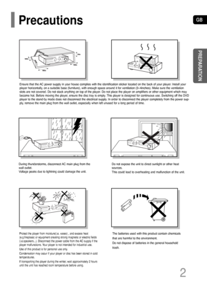 Page 3GB
2 Precautions
Ensure that the AC power supply in your house complies with the identification sticker located on the back of your player. Install your
player horizontally, on a suitable base (furniture), with enough space around it for ventilation (3~4inches). Make sure the ventilation
slots are not covered. Do not stack anything on top of the player. Do not place the player on amplifiers or other equipment which may
become hot. Before moving the player, ensure the disc tray is empty. This player is...