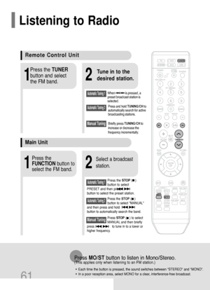 Page 6261
21
Tune in to the
desired station.Press the TUNER
button and select
the FM band.
Automatic Tuning 2
Manual Tuning
21
Select a broadcast
station.
Press the STOP(   )
button to select
PRESET and then press
button to select the preset station.Automatic Tuning 1
Press the
FUNCTION button to
select the FM band.
Press the STOP(   )
button to select MANUAL
and then press and hold
button to automatically search the band.Automatic Tuning 2
Press STOP(   ) to select
MANUAL and then briefly
press to tune in to a...