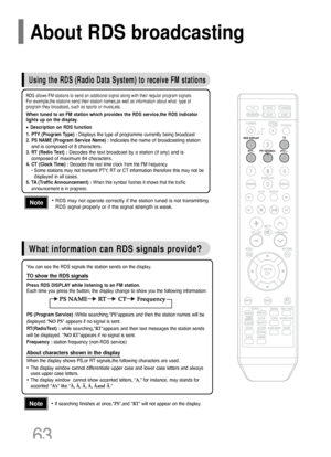 Page 6463
• RDS may not operate correctly if the station tuned is not transmitting
RDS signal properly or if the signal strength is weak.
• If searching finishes at once,“PS”,and “RT” will not appear on the display.
Using the RDS (Radio Data System) to receive FM stations
What information can RDS signals provide?
RDS allows FM stations to send an additional signal along with their regular program signals. 
For example,the stations send their station names,as well as information about what  type of 
program they...
