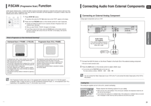 Page 11ENGCONNECTIONS
2021
• This Progressive function works only on TVs equipped with component video inputs (Y, Pr, Pb) that support
Progressive Video. (It does not work on TVs with conventional component inputs, i.e., non-progressive scan TVs.)
• Depending on the capabilities of your TV, this function may not work. P.SCAN 
(Progressive Scan)
Function
1
Press STOP()
button.
If playing a disc, press the STOP ( ) button twice so that “STOP”, appears on the display.
2
Press and hold P.SCANbutton on the remote...