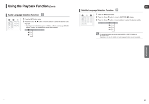 Page 19ENGOPERATION
3637
• To operate this function, you can also press the AUDIO or SUBTITLE buttons on 
the remote control.
• Depending on the disc, the Subtitle and Audio Language functions may not be available.
1
Press the INFObutton twice.
2
Press the Cursor , button or numeric buttons to select the desired audio
language.■Depending on the number of languages on a DVD disc, a different audio language (ENGLISH,
SPANISH, FRENCH, etc.) is selected each time the button is pressed. 
Audio Language Selection...
