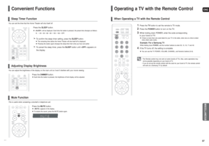 Page 29ENG57
Convenient Functions
You can set the time that the Home Theater will shut itself off.
Press the SLEEPbutton. will be displayed. Each time the button is pressed, the preset time changes as follows : 
10 ➝20➝30➝60➝90➝120➝150➝OFF.To confirm the sleep timer setting, press the SLEEPbutton.The remaining time before the Home Theater will shut itself off is displayed.
Pressing the button again changes the sleep time from what you have set earlier.To cancel the sleep timer, press the SLEEPbutton until...