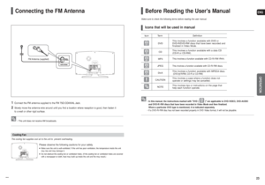 Page 12ENGOPERATION
23 22
Connecting the FM Antenna
FM Antenna  (supplied)
1
Connect the FM antenna supplied to the FM 75ΩCOAXIAL Jack.
2
Slowly move the antenna wire around until you find a location where reception is good, then fasten it 
to a wall or other rigid surface.
• This unit does not receive AM broadcasts.
Please observe the following cautions for your safety.■Make sure the unit is well-ventilated. If the unit has poor ventilation, the temperature inside the unit
may rise and may damage it.■Do not...