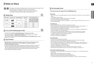 Page 46
ENG7
Notes on Discs
DVD players and the discs are coded by region. These regional codes must match in order
for the disc to play. If the codes do not match, the disc will not play.
The Region Number for this player is given on the rear panel of the play\
er.(Your DVD player will only play DVDs that are labeled with identical regio\
n codes.)
1
6
~
•LD, CD-G, CD-I, CD-ROM and DVD-ROM discs cannot be played on this player\
.
If such discs are played, a 
message appears on the TV screen.•DVD discs...