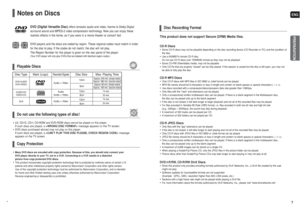 Page 4ENG7
CD-R Discs• Some CD-R discs may not be playable depending on the disc recording device (CD-Recorder or PC) and the condition of
the disc. • Use a 650MB/74 minute CD-R disc. 
Do not use CD-R discs over 700MB/80 minute as they may not be playback.• Some CD-RW (Rewritable) media, may not be playable. • Only CD-Rs that are properly closed can be fully played. If the session is closed but the disc is left open, you may not
be able to fully play the disc.CD-R JPEG Discs• Only files with the jpg extensions...